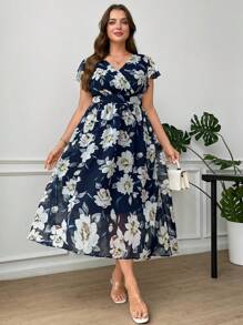Ellevyn Plus Size Elegant Floral Print Dress,Navy Blue,Summer,Wedding Bridal Guest,Graduation Dresses For Women,Prom Party,Birthday,Graduation Outfit,Black - Multicolor - View 6