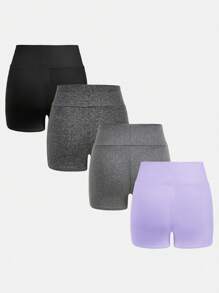 SHEIN Girlism 4 件套 Tween 女童经典纯色高腰针织运动瑜伽短裤，适合春夏季日常休闲穿着 - 紫羅蘭色 - 查看 2