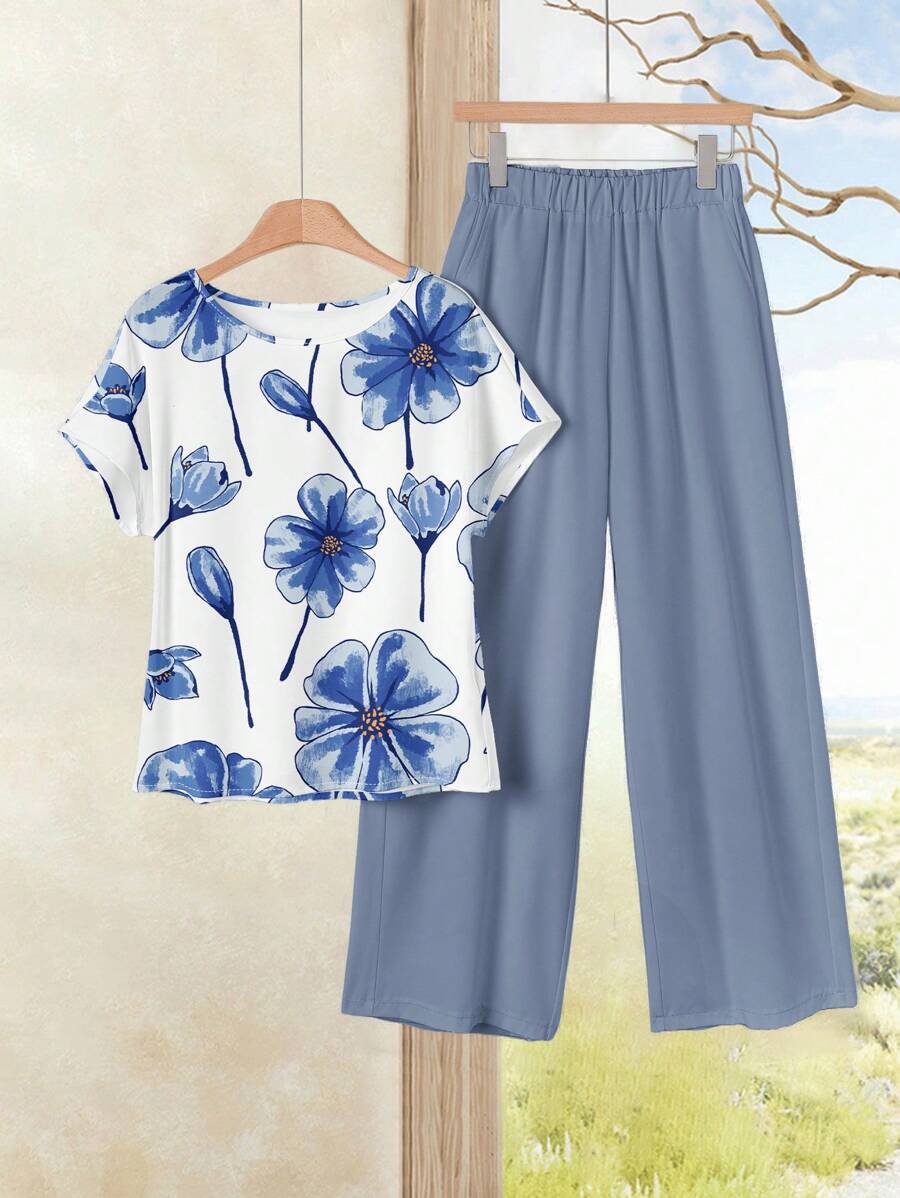 Rusticease 2pcs Women Casual Floral Print Fitted Vacation Set, Versatile Spring/Summer - Multicolor - View 1
