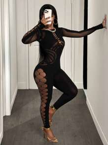 BamGleam Women's Long Sleeve Sexy Hollow Out Mesh Jumpsuit Fall Cloth For Women - Black - View 6