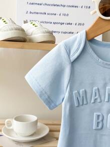 Baby Boy Infant Newborn 0-3 Years Old Casual Daily In/Outdoor Graphic "MAMA'S BOY" Short Sleeve Knitted Bodysuit, Cotton Material - Blue - View 4