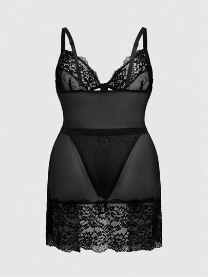 Goth Conjunto lencero de talla grande con vestido de encaje, tul y aro, junto con tanga