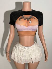 Slaydiva 2025 春夏新款波西米亚音乐节休闲街头时尚性感可爱甜美 Y2K 图案漂白短款短袖修身 T 恤上衣 - 灰色 - 查看 4