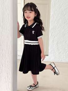 Young Girl Summer Fashion Pony Embroidery Striped Patchwork Polo Collar Half-Placket Short Sleeve Dress - Black - View 5