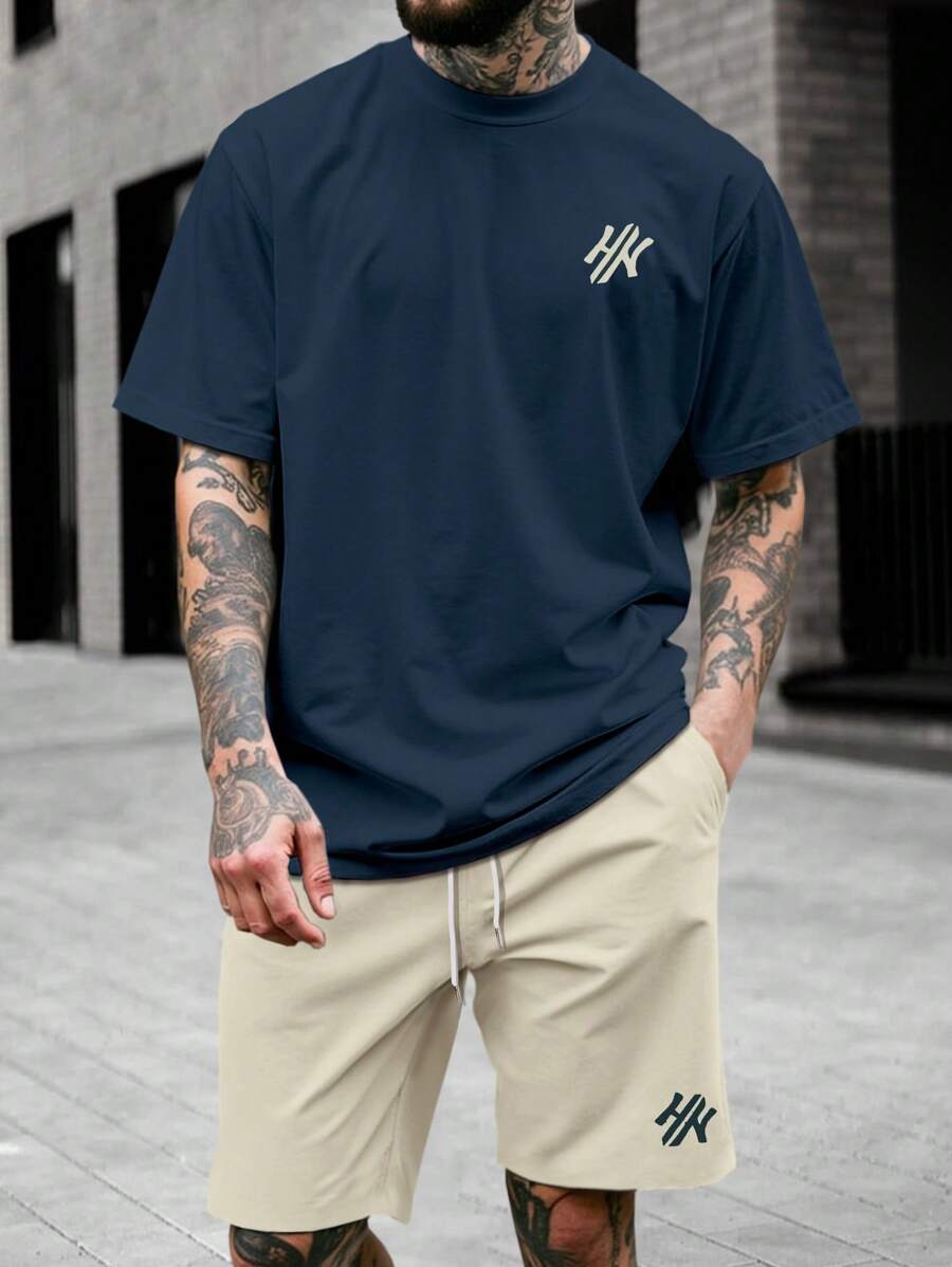 Manfinity Homme 2pcs Men Letter Print Round Neck Short Sleeve T-Shirt & Drawstring Waist Pocket Shorts Set Outfits For Men Summer Men Clothing Outfit