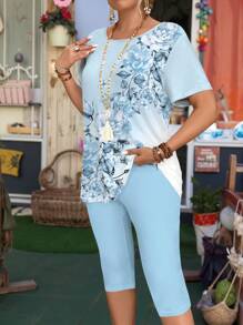 SHEIN Conjunto de 2 peças casual com estampa floral elegante e decote em Ombré plus size feminino - Multicolorido - Ver 3