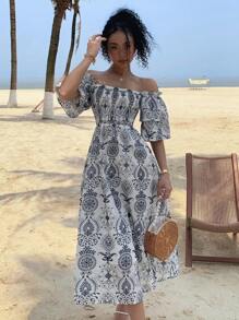 DAZY Vestido longo feminino com estampa floral e ombros à mostra, ideal para praia e cruzeiro. Estilo boho. - Azul - Ver 2