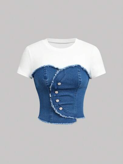 SHEIN MOD Women's Casual Denim Patchwork Short Sleeve Tight Fit Top