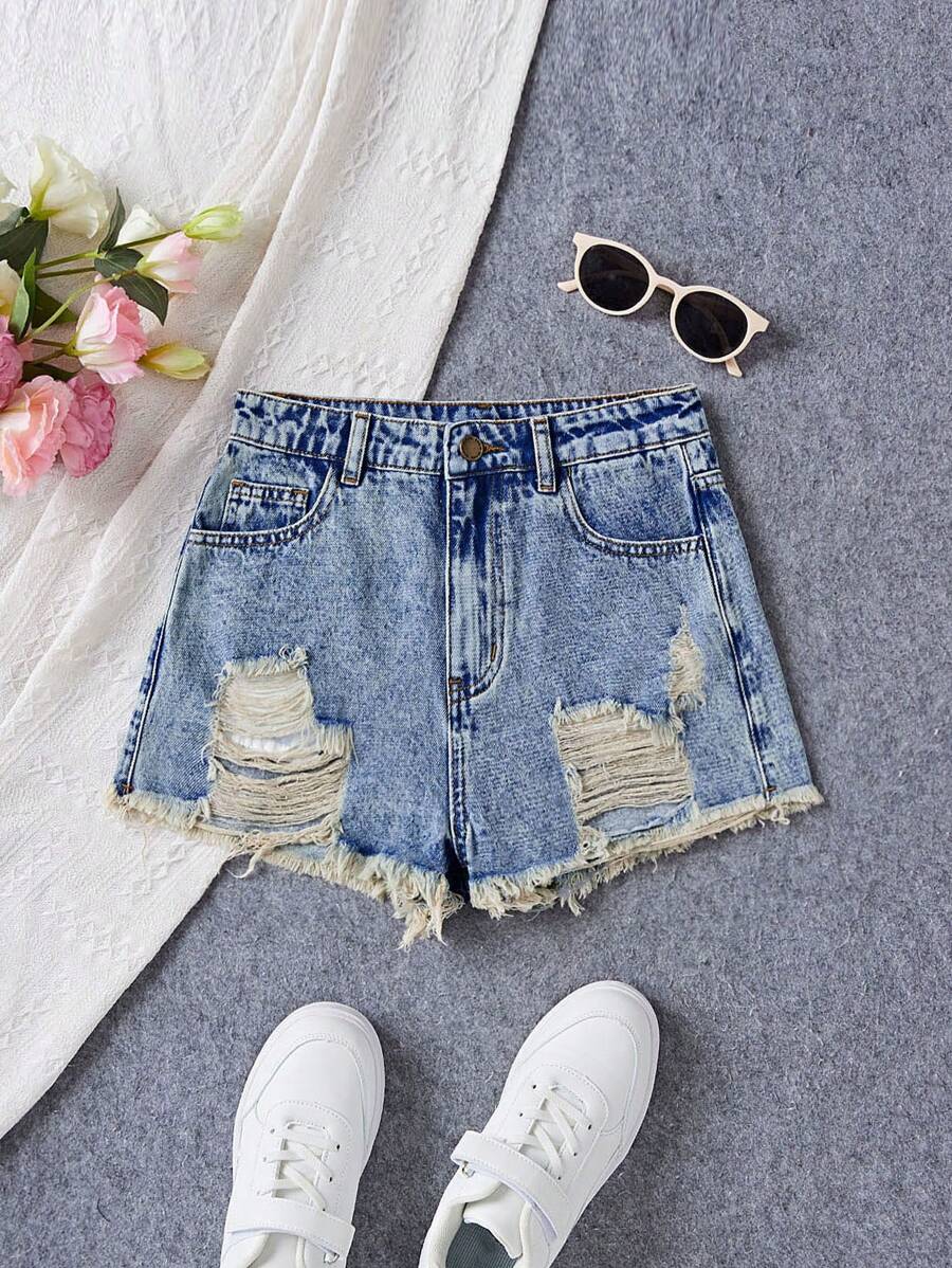 SHEIN Teen Girls' Casual Washed Ripped Denim Shorts - Light Wash - View 1