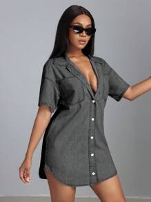 SHEIN SXY Đầm denim dáng rộng đơn giản hở vai tay ngắn đơn hàng khuy đơn dành cho nữ - Xám - Xem 6