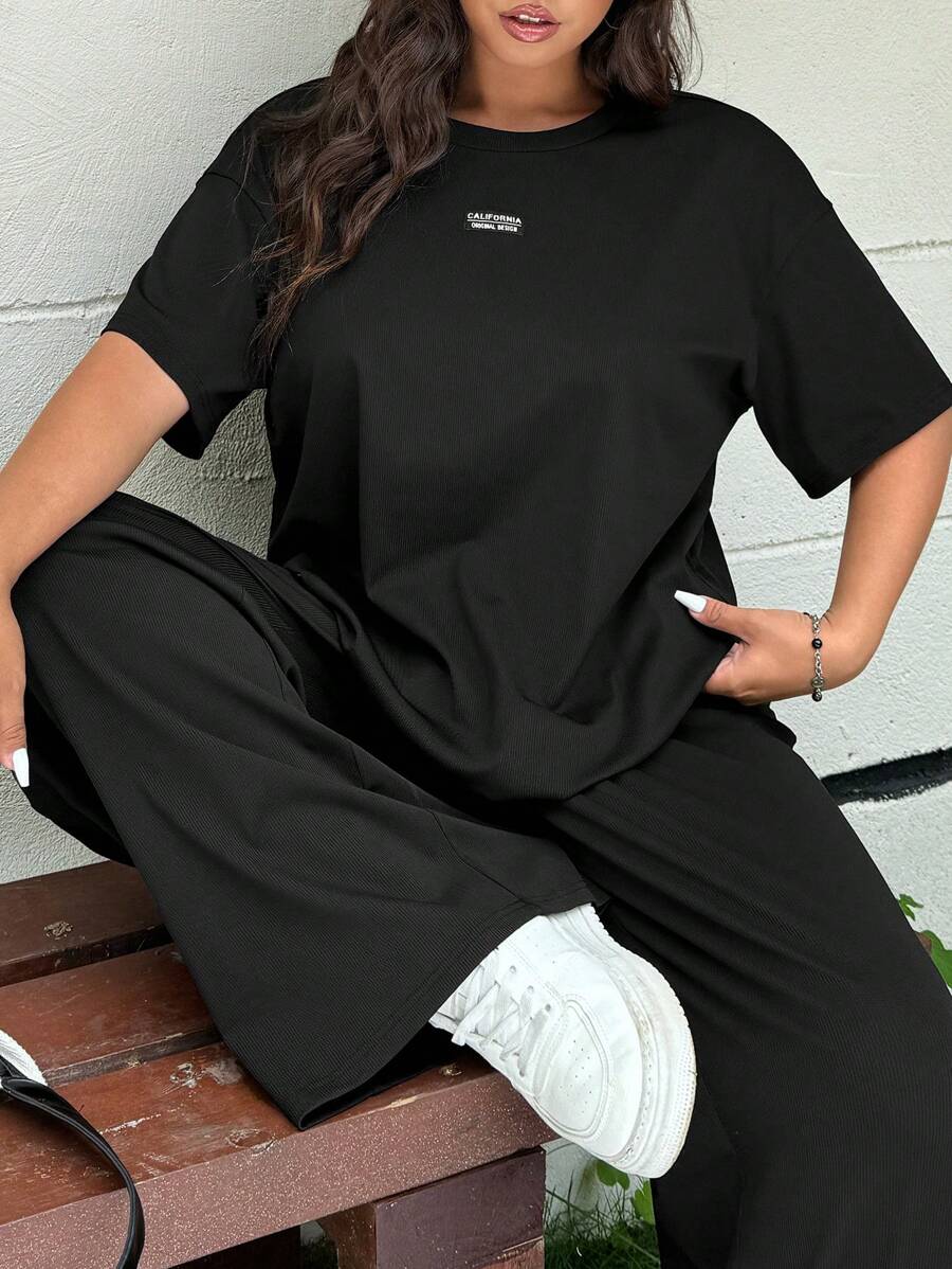 GalTyme 大码春夏圆领短袖上衣和裤子两件套休闲套装