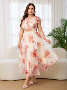 Reflora 大码女式优雅花卉印花连衣裙，夏季婚礼宾客长裙 - 彩色 - 查看 7