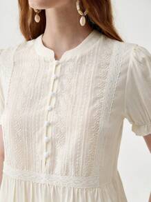 Florisole 女式夏季休闲波西米亚花卉刺绣蕾丝拼布宽松圆领短袖杏色衬衫