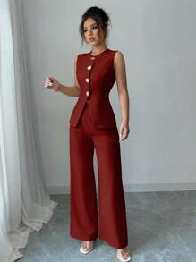 SHEIN PETITE 女士优雅金属花朵装饰两件套休闲办公套装 - 紅色 - 查看 5