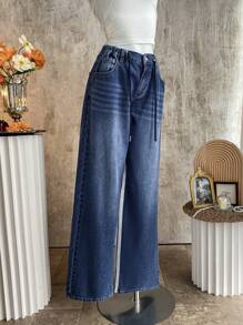 SHEIN EZwear Quần Jeans Ống Rộng Lưng Thấp Màu Xanh Dương Cho Nữ - Màu xanh lam - Xem 4