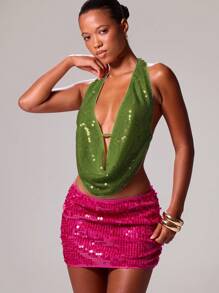 MUSERA 露背吊带露肩亮片无袖上衣，适合伊比沙岛度假、春节、浪漫优雅的生日派对、锐舞派对、可爱节日、牛仔风、圣诞节等场合，尽显优雅气质。 - 墨綠色 - 查看 2