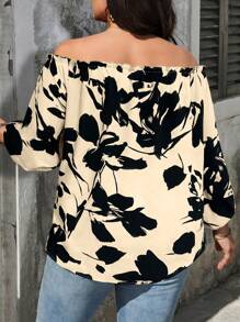 SHEIN LUNE 大码女式印花露肩休闲衬衫，春夏 - 杏色 - 查看 2