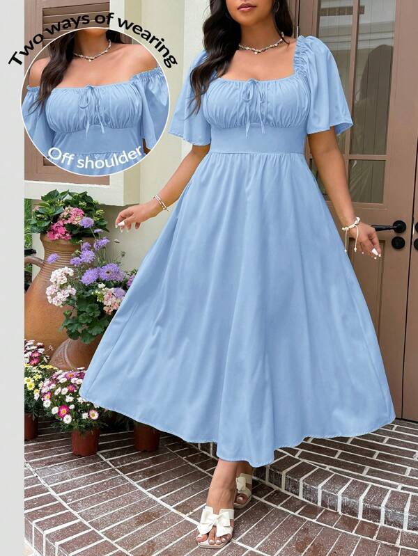 Solflare Plus Size Navy Blue Long Sleeve Dress, Summer Vacation Style,Flowy Dress,Sun Dresses For Women