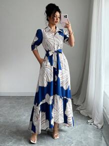 Elenzga 女士优雅花卉 A 字形连衣裙，翻领、收腰、泡泡袖、修身廓形，适合夏季穿着 - 彩色 - 查看 6