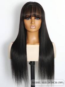 Tóc giả bằng tóc thật 5x5 đóng bằng ren vô hình có mái, đường chân tóc tự nhiên, cắt sẵn ren, thẳng và thẳng, tóc giả dài màu tự nhiên bằng lụa cho phụ nữ - Natural Black - Xem 3