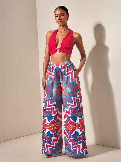 Zivah Ring Linked Halter Top & Allover Print Pants Bikini Set ,Country Concert Outfit