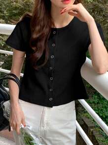 DAZY Women Solid Black Round Neck Fitted Short Sleeve T-Shirt, Grey, Spring/Summer - Black - View 3