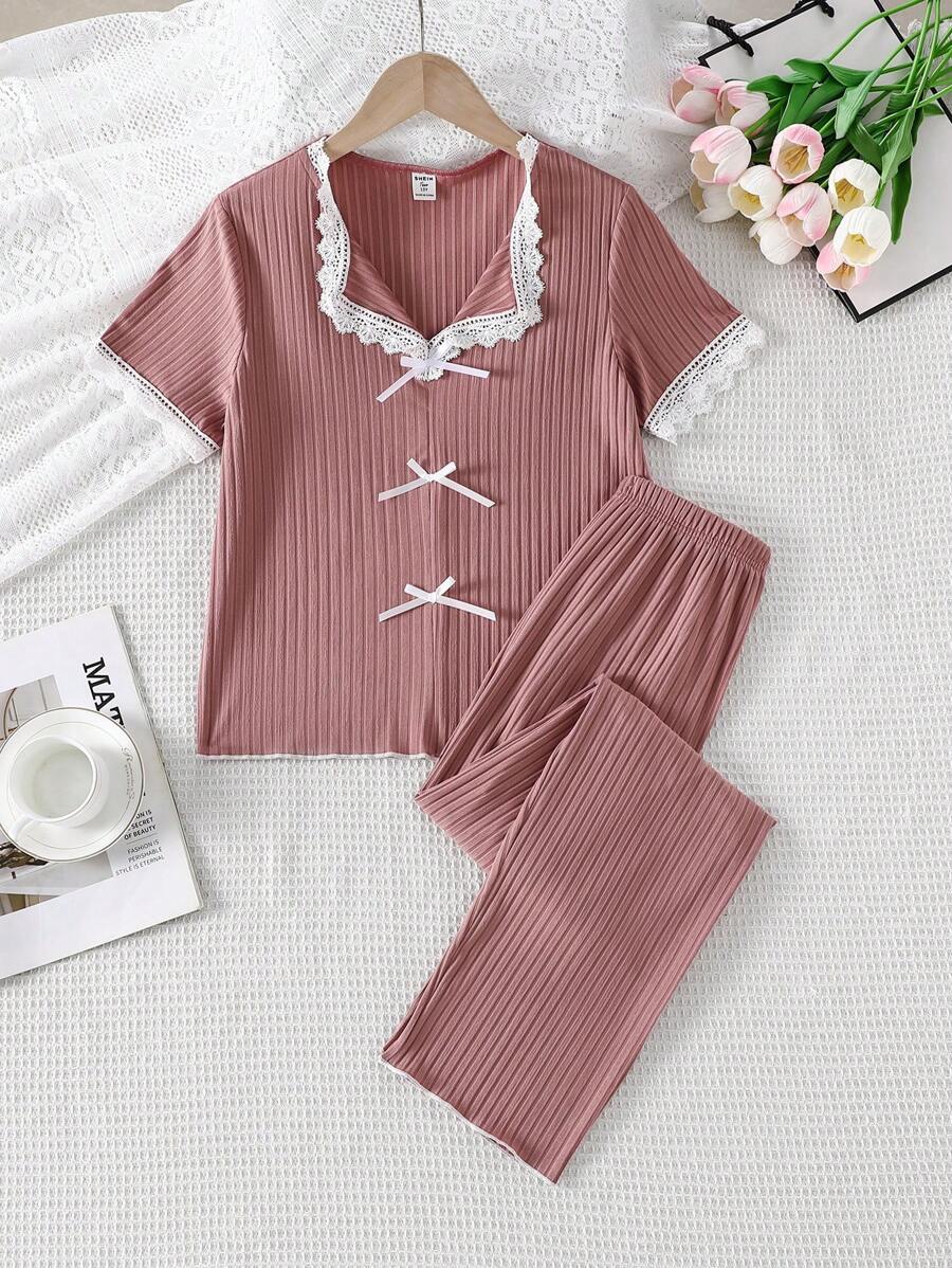少女简约纯色浅红色蕾丝边舒适睡衣套装，含短袖上衣和裤子，休闲家居服 - 紅色 - 查看 1