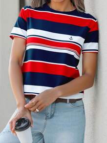 EMERY ROSE Camiseta holgada casual de mujer de talla grande con cuello redondo y manga corta, a rayas en rojo, azul y blanco, estilo de vacaciones para el Día de la Madre