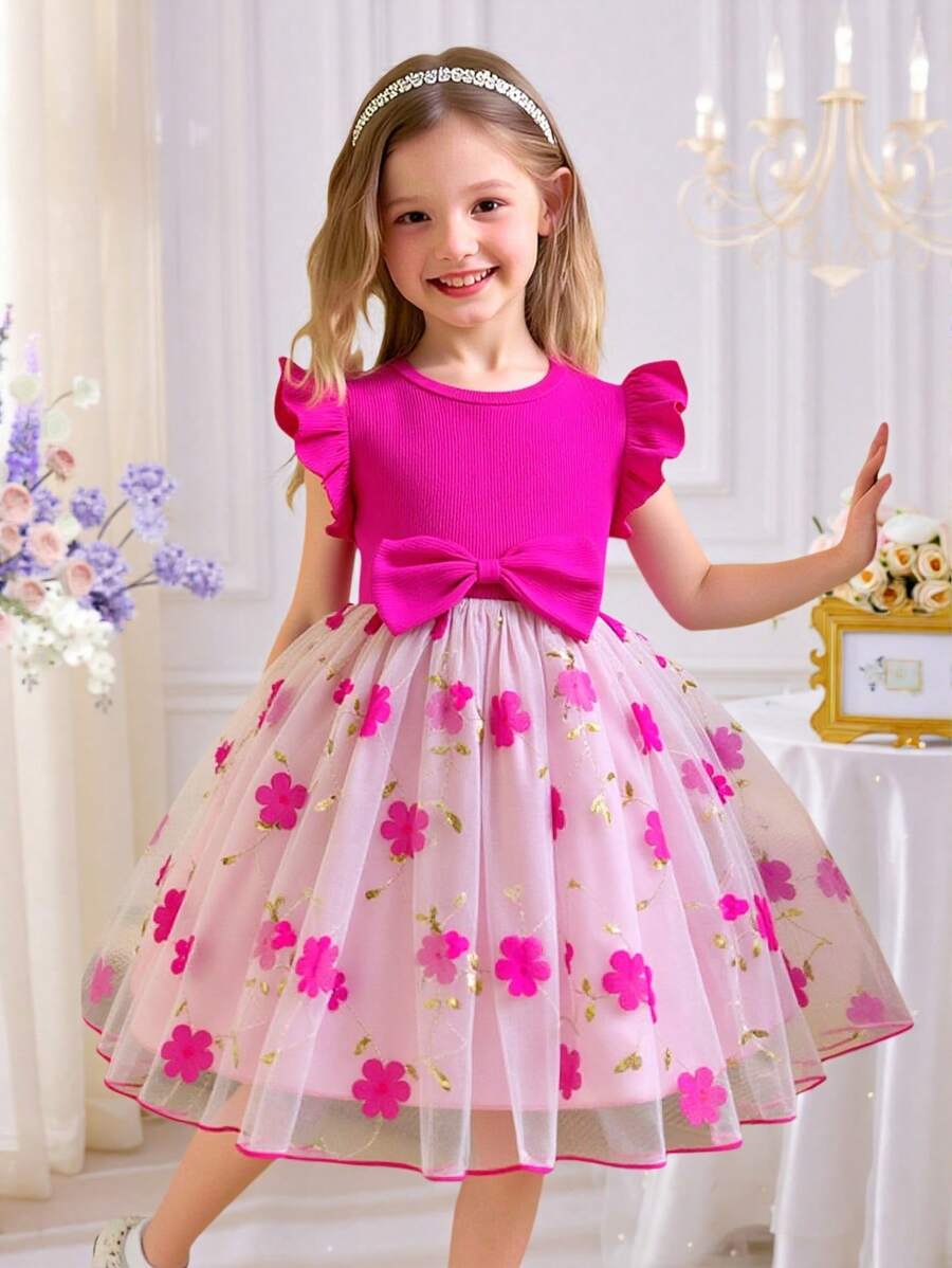 SHEIN Glamorique Kids 女孩优雅甜美可爱圆领荷叶边罗纹面料合身腰部 3D 网眼刺绣 A 字裙，时尚公主风格适合假期、派对、度假、夏季 - 玫紅色 - 查看 1