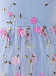 SHEIN Glamorique Kids Rochie de petrecere prințesă cu ochiuri de plasă brodate cu mâneci cu volane cu bretele spaghete elegante pentru fete, potrivită pentru sărbători, petreceri, zile de naștere, vacanțe, vară