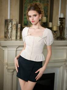 SHEIN MOD French Romantic Square Collar Puff Sleeve Blouse With Bowknot And A-Line Hem,Puff Sleeves,Honeymoon Woman,Vacation Woman,Women Birthday, Brunch,Going Out Tops Women,Y2k - Yellow - View 2