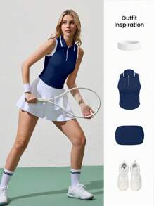 CourtClass Camisa polo deportiva para mujeres con cierre de cremallera, sin mangas y con media abertura