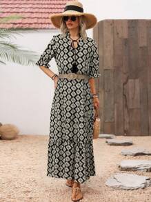 SHEIN LUNE 女士休闲宽松长款连衣裙 - 黑色 - 查看 6