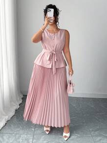 Elenzga Conjunto plus size de 2 peças: camisa minimalista de cor sólida, sem mangas, com botões + saia plissada em A, traje feminino casual de verão para negócios com laço elegante, vestidos formais para convidadas de casamento - Rosa - Ver 7