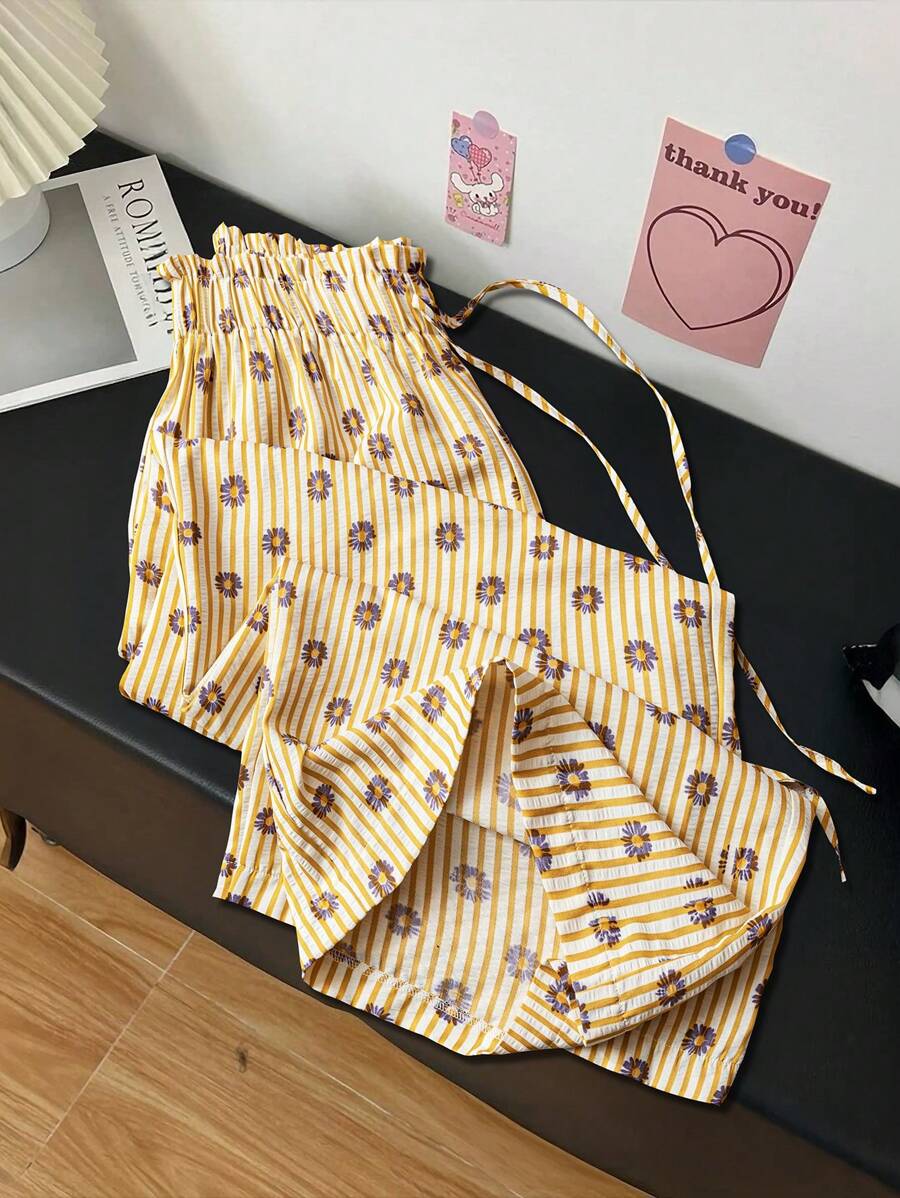 Flirla 大码女式条纹雏菊印花休闲可爱阔腿裤 - 黃色 - 查看 1