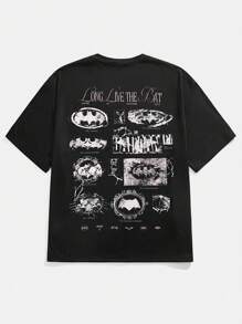 BATMAN X SHEIN 85th Camiseta de manga corta con gráfico de murciélago y letras para hombre talla grande de estilo casual de verano