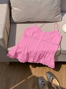 Comfortcana 女士纯色撞色蕾丝单排扣吊带背心粉色蕾丝边上衣粉色夏季上衣可爱粉色上衣娃娃衫女士娃娃衫夏季女士上衣夏季吊带背心 - 粉色 - 查看 4