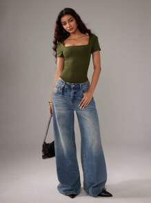 SHEIN Unity Bộ đồ liền thân đơn sắc ôm vừa vặn cổ vuông tay ngắn giản dị dành cho nữ, đa năng cho việc đi lại hàng ngày - xanh quân đội - Xem 7