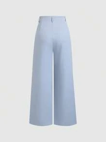 Sweetra Quần ống rộng xếp ly vải jacquard thanh lịch cổ điển dành cho nữ, mùa thu/đông - Màu xanh nhạt - Xem 2