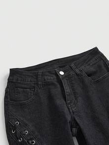 ROMWE Gothic Dark Style Halloween Palace Castle Flocking Patchwork Eyelet Super Low Waist Flare Leg Jeans - Black - View 4