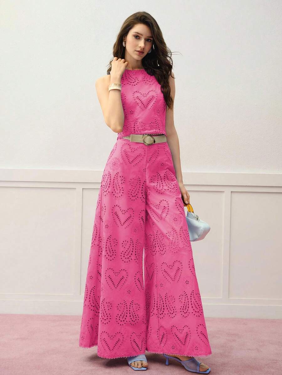 MOTF PREMIUM Conjunto de 2 piezas de top de tirantes con bordado de ojales + pantalones de pierna ancha