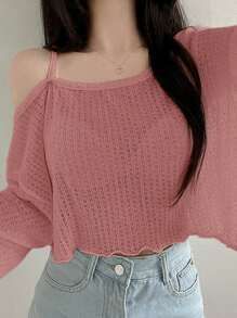 DAZY 女士休闲纯色不对称肩部剪裁宽松 T 恤短款女式上衣长袖上衣 - 紅木色 - 查看 1