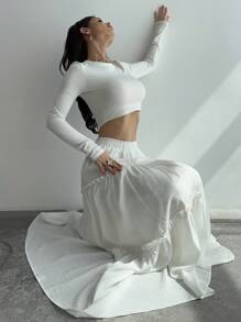 Firerie 女士优雅休闲度假海滩旅行毕业音乐节波西米亚风白色弹力腰荷叶边A字宽松半身裙，适合度假、海滩等场合 - 白色 - 查看 8