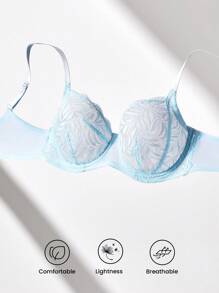 LUVLETTE Plus Women 2pcs Blue Sexy Lingerie Set Full Coverage Unlined Lace Elegance & Mesh Minimizer Bra Lace Bra Panty Matching Sets