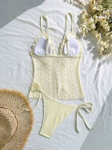 Swim Mod 简约可爱蕾丝面料纯色肩带长款上衣和系带侧三角泳衣两件套 - 米色 - 查看 8