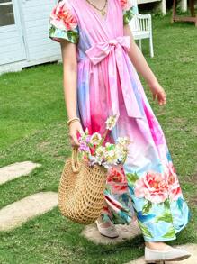 SHEIN LMoss Kids Tween 女童碎花 V 领休闲梭织连衣裙 - 彩色 - 查看 3