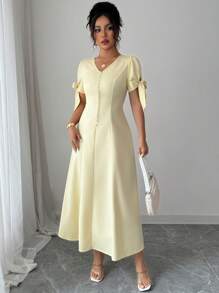 Elenzga 纯色 V 领纽扣袖口蝴蝶结优雅女士长裙