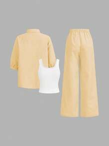 SHEIN LUNE Bộ 3 áo sơ mi hở trước màu xanh và trắng cho nữ, quần dài kẻ sọc và áo hai dây màu trắng, mùa xuân và mùa hè - Màu vàng - Xem 2