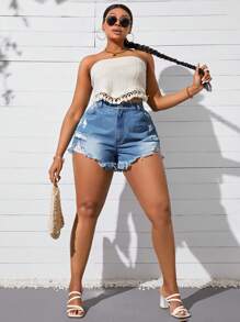 SHEIN SXY Plus Size Women Sexy Distressed High Waist Washed Denim Frayed Hem Shorts