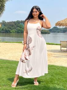 SHEIN EZwear 大码夏季度假休闲海滩海洋元素连衣裙 - 米色 - 查看 1